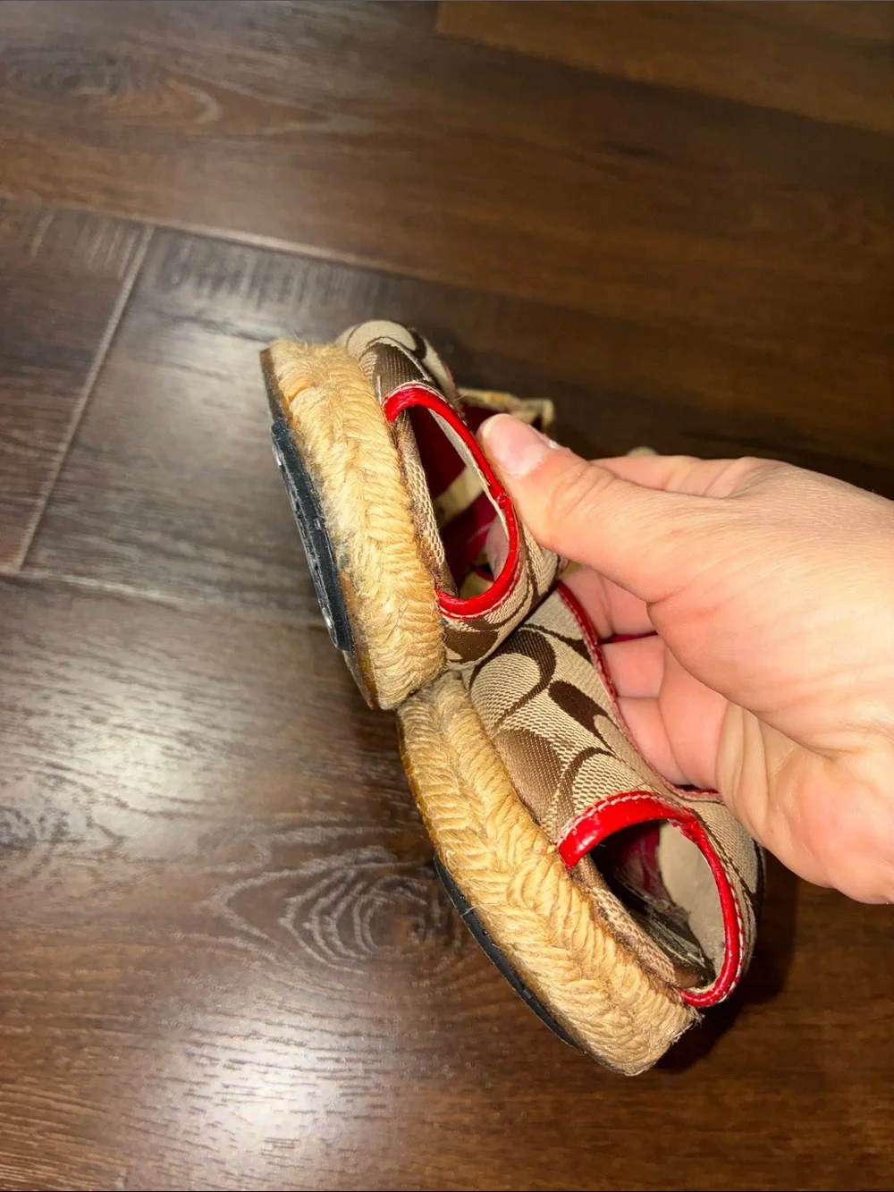 Y2K Coach Tan Signature Canvas Espadrille Wedges with Raspberry Trim SZ 8